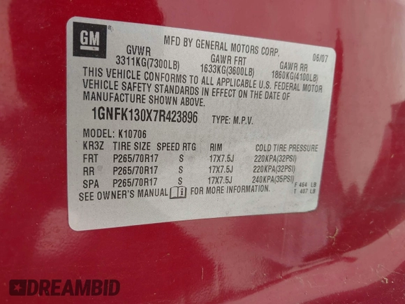 2007 Chevrolet Tahoe LT с VIN 1GNFK130X7R423896, выставлен на аукционе IAAI как лот 42071698 с пробегом 225 101 миль миль и . История ставок и продаж доступна на DreamBid. Изображение 9.