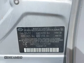 2012 Hyundai Sonata 2.4L Limited PZEV with VIN 5NPEC4AC2CH477341, listed as a IAAI auction lot 41907482 with Not Provided miles. Bid and sale history available at carsss.com. Image 9.