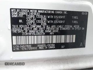 2020 Toyota RAV4 LE with VIN 2T3H1RFV5LC063734, listed as a IAAI auction lot 41652760 with 57,797 mi miles. Bid and sale history available at carsss.com. Image 9.