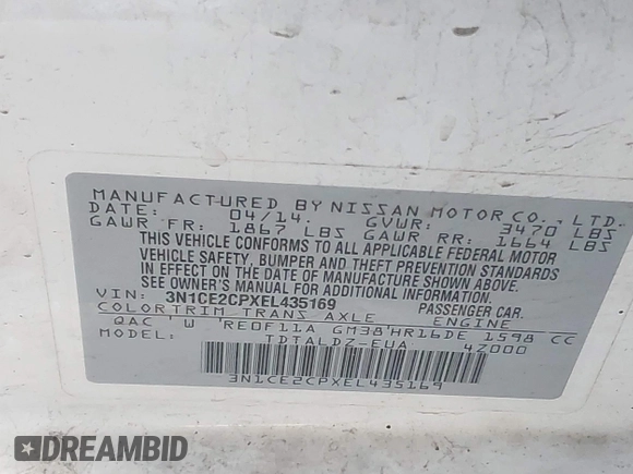 2014 Nissan Note S with VIN 3N1CE2CPXEL435169, listed as a IAAI auction lot 42124608 with 125,555 mi miles and . Bid and sale history available at DreamBid. Image 9.