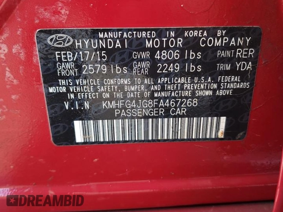 2015 Hyundai Azera with VIN KMHFG4JG8FA467268, listed as a Copart auction lot 47609165 with 143,859 mi miles and Salvage Title. Bid and sale history available at DreamBid. Image 12.