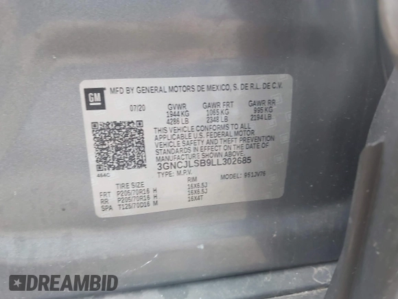 2020 Chevrolet Trax LT with VIN 3GNCJLSB9LL302685, listed as a IAAI auction lot 42497808 with 38,089 mi miles and . Bid and sale history available at DreamBid. Image 9.