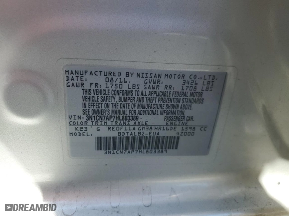 2017 Nissan Versa Sedan SV with VIN 3N1CN7AP7HL803389, listed as a Copart auction lot 52809685 with 79,807 mi miles and Salvage Title. Bid and sale history available at carsss.com. Image 12.