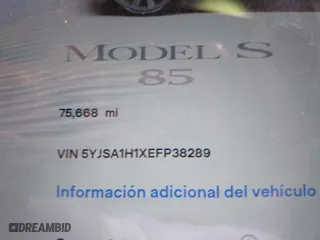 2014 Tesla Model S 60 kWh Battery with VIN 5YJSA1H1XEFP38289, listed as a IAAI auction lot 42092052 with 75,668 mi miles. Bid and sale history available at carsss.com. Image 16.