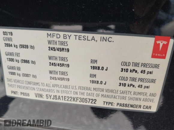 2019 Tesla Model S 75D с VIN 5YJSA1E22KF305722, выставлен на аукционе IAAI как лот 41765921 с пробегом 35 361 миль миль и . История ставок и продаж доступна на DreamBid. Изображение 9.