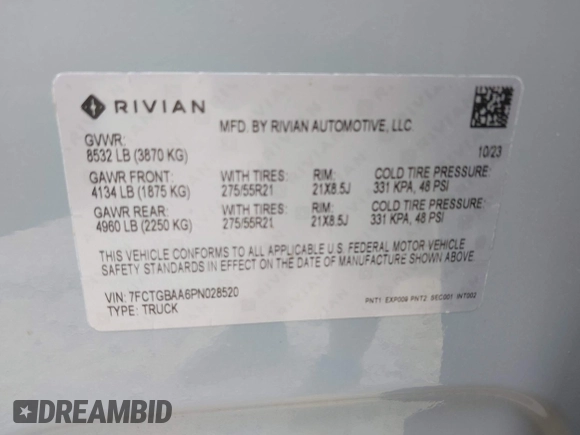 2023 Rivian R1T Adventure z VIN 7FCTGBAA6PN028520, wystawiony jako IAAI lot #42117498 z przebiegiem 24 583 mil mil oraz . Historia ofert i sprzedaży dostępna na DreamBid. Obrazek 9.