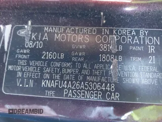 2010 Kia Forte EX with VIN KNAFU4A26A5306448, listed as a IAAI auction lot 42048677 with 172,095 mi miles. Bid and sale history available at carsss.com. Image 9.