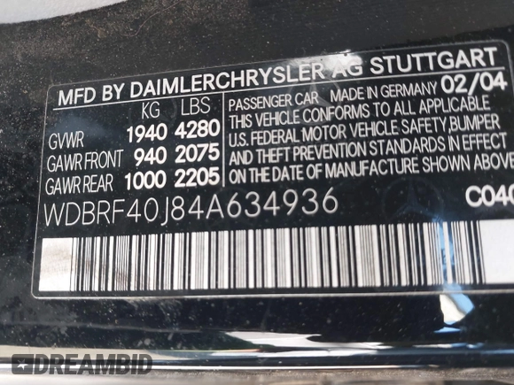 2004 Mercedes-Benz C 230 Kompressor with VIN WDBRF40J84A634936, listed as a IAAI auction lot 41367075 with 302,163 mi miles and . Bid and sale history available at DreamBid. Image 9.