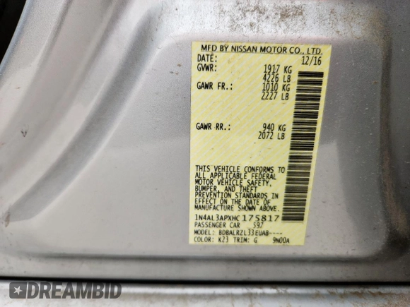 2017 Nissan Altima SL with VIN 1N4AL3APXHC175817, listed as a Copart auction lot 53146725 with 160,715 mi miles and Salvage title. Bid and sale history available at DreamBid. Image 12.