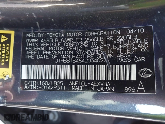 2010 Lexus HS 250h z VIN JTHBB1BA8A2034027, wystawiony jako IAAI lot #41551228 z przebiegiem 304 411 mil mil oraz . Historia ofert i sprzedaży dostępna na DreamBid. Obrazek 9.