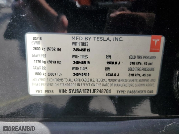 2018 Tesla Model S 75D with VIN 5YJSA1E21JF248704, listed as a Copart auction lot 45396385 with 103,248 mi miles and Salvage Title. Bid and sale history available at carsss.com. Image 12.