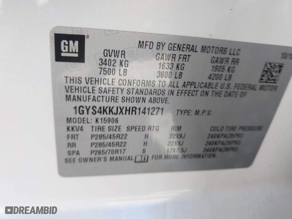 2017 Cadillac Escalade ESV Platinum with VIN 1GYS4KKJXHR141271, listed as a IAAI auction lot 41707263 with NaN miles. Bid and sale history available at carsss.com. Image 9.