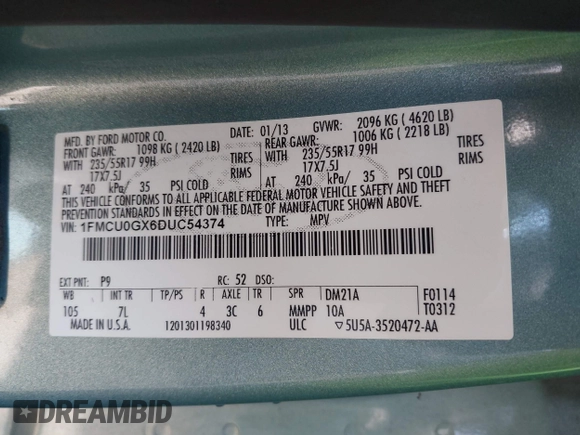 2013 Ford Escape SE with VIN 1FMCU0GX6DUC54374, listed as a IAAI auction lot 42712880 with 140,966 mi miles and . Bid and sale history available at DreamBid. Image 9.