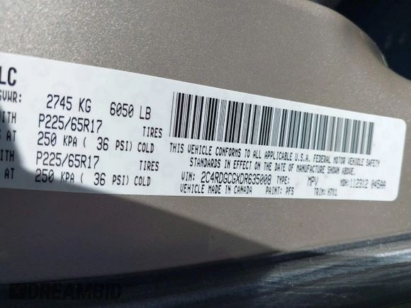 2013 Dodge Grand Caravan SXT with VIN 2C4RDGCGXDR635008, listed as a IAAI auction lot 41859146 with 133,119 mi miles and . Bid and sale history available at DreamBid. Image 9.