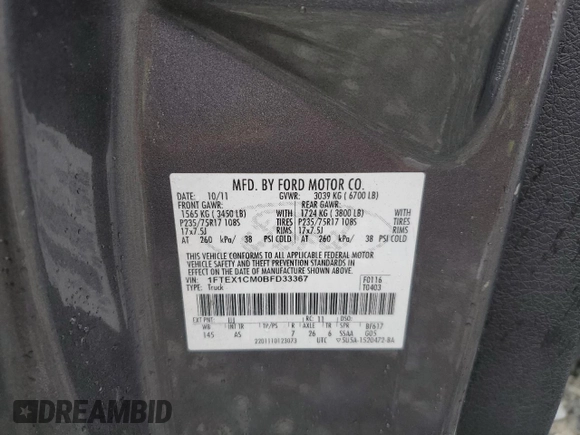 2011 Ford F-150 XL with VIN 1FTEX1CM0BFD33367, listed as a Copart auction lot 50263375 with 278,542 mi miles and Clean Title. Bid and sale history available at carsss.com. Image 12.
