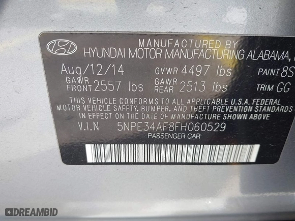 2015 Hyundai Sonata 2.4L Limited with VIN 5NPE34AF8FH060529, listed as a IAAI auction lot 42099311 with 98,546 mi miles. Bid and sale history available at carsss.com. Image 9.