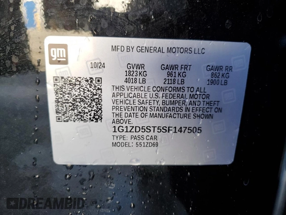 2025 Chevrolet Malibu LT with VIN 1G1ZD5ST5SF147505, listed as a Copart auction lot 52877385 with 6,783 mi miles and Non Repairable. Bid and sale history available at DreamBid. Image 12.