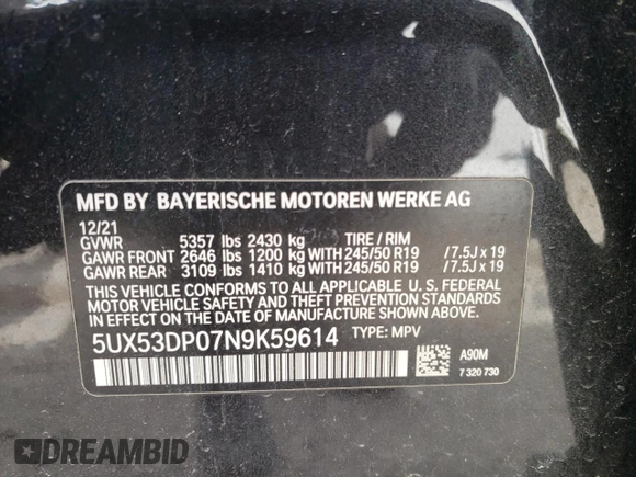 2022 BMW X3 xDrive30i with VIN 5UX53DP07N9K59614, listed as a Copart auction lot 45942415 with 27,961 mi miles and Salvage Title. Bid and sale history available at DreamBid. Image 13.