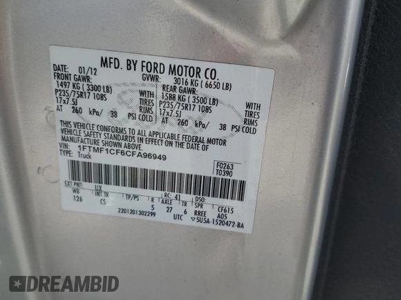 2012 Ford F-150 XL with VIN 1FTMF1CF6CFA96949, listed as a Copart auction lot 61405845 with 165,390 mi miles and Clean title. Bid and sale history available at DreamBid. Image 12.