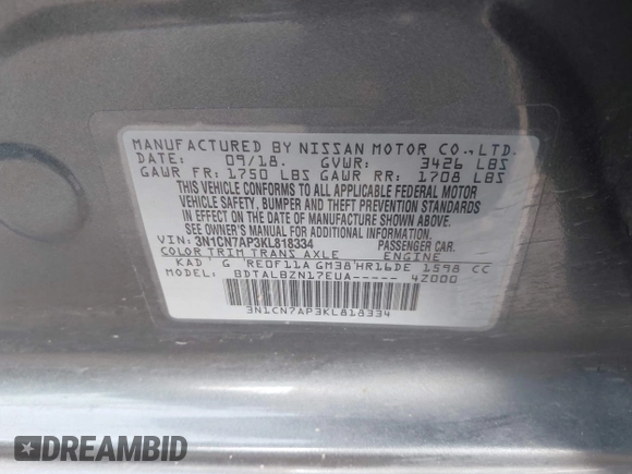2019 Nissan Versa SV z VIN 3N1CN7AP3KL818334, wystawiony jako IAAI lot #41932878 z przebiegiem Nie podano mil oraz . Historia ofert i sprzedaży dostępna na DreamBid. Obrazek 9.
