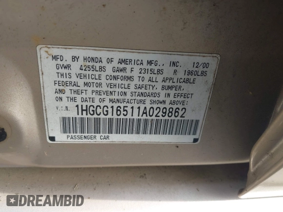 2001 Honda Accord EX с VIN 1HGCG16511A029862, выставлен на аукционе IAAI как лот 42446340 с пробегом 348 465 миль миль и . История ставок и продаж доступна на DreamBid. Изображение 9.