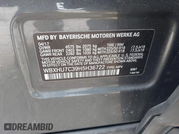 2017 BMW X1 sDrive28i with VIN WBXHU7C39H5H36722, listed as a IAAI auction lot 41724022 with 33,412 mi miles. Bid and sale history available at carsss.com. Image 9.