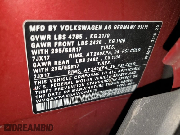 2010 Volkswagen Tiguan S with VIN WVGAV7AX8AW003815, listed as a Copart auction lot 56180605 with 149,047 mi miles and Clean title. Bid and sale history available at DreamBid. Image 13.