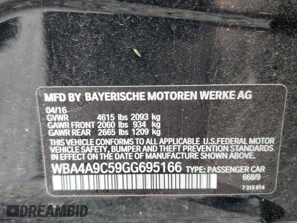 2016 BMW 4 Series 428i with VIN WBA4A9C59GG695166, listed as a Copart auction lot 55994625 with 142,247 mi miles and Salvage title. Bid and sale history available at DreamBid. Image 12.