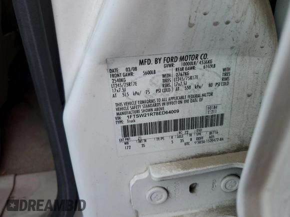 2008 Ford F-250 XL with VIN 1FTSW21R78ED64009, listed as a Copart auction lot 61823275 with 179,518 mi miles and Salvage title. Bid and sale history available at DreamBid. Image 12.