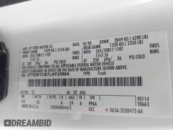 2020 Ford F-150 XL with VIN 1FTEW1CB7LKF25864, listed as a IAAI auction lot 42145041 with 116,651 mi miles and . Bid and sale history available at DreamBid. Image 9.
