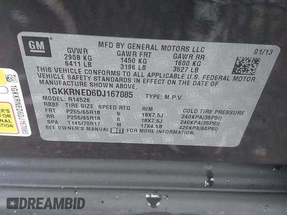 2013 GMC Acadia SLE with VIN 1GKKRNED6DJ167085, listed as a IAAI auction lot 41530948 with 206,213 mi miles. Bid and sale history available at carsss.com. Image 9.