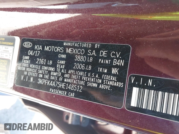 2017 Kia Forte LX with VIN 3KPFK4A75HE148512, listed as a IAAI auction lot 41869999 with 108,956 mi miles. Bid and sale history available at carsss.com. Image 9.