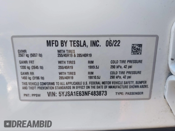 2022 Tesla Model S Plaid z VIN 5YJSA1E63NF483873, wystawiony jako IAAI lot #41204003 z przebiegiem 15 mil mil oraz . Historia ofert i sprzedaży dostępna na DreamBid. Obrazek 9.