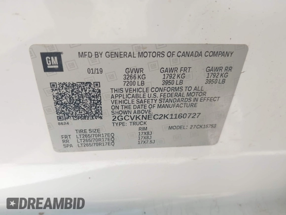 2019 Chevrolet Silverado 1500 Work Truck with VIN 2GCVKNEC2K1160727, listed as a IAAI auction lot 42223824 with 77,117 mi miles and . Bid and sale history available at DreamBid. Image 9.
