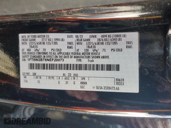 2022 Ford F-250 XL with VIN 1FT8W2BT8NEF20073, listed as a Copart auction lot 88483055 with 66,722 mi miles and Salvage title. Bid and sale history available at DreamBid. Image 14.
