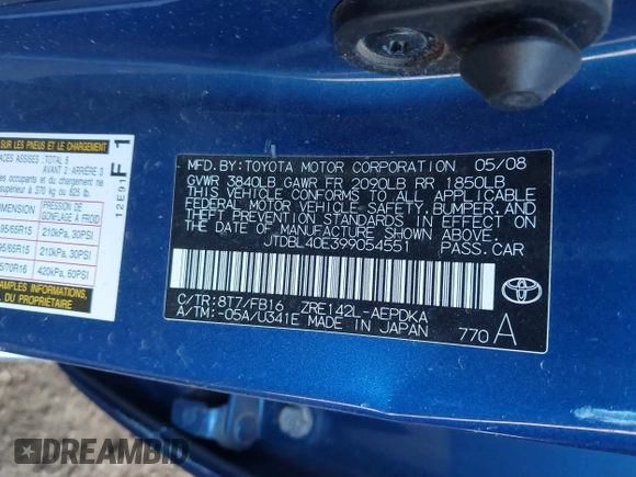 2009 Toyota Corolla with VIN JTDBL40E399054551, listed as a IAAI auction lot 42004147 with 1 mi miles. Bid and sale history available at carsss.com. Image 9.