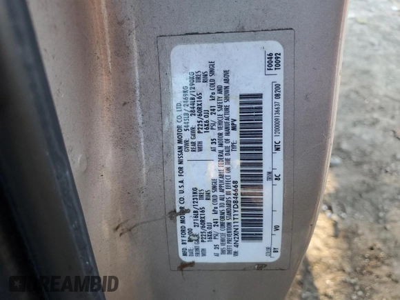 2000 Nissan Quest GXE z VIN 4N2XN11T1YD846668, wystawiony jako Copart lot #74711164 z przebiegiem 133 947 mil mil oraz Szkoda całkowita • Salvage title. Historia ofert i sprzedaży dostępna na DreamBid. Obrazek 15.