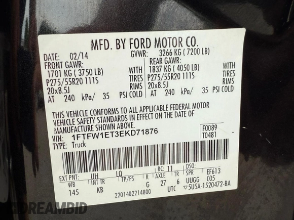 2014 Ford F-150 XL with VIN 1FTFW1ET3EKD71876, listed as a Copart auction lot 63799105 with 121,440 mi miles and Clean title. Bid and sale history available at DreamBid. Image 10.