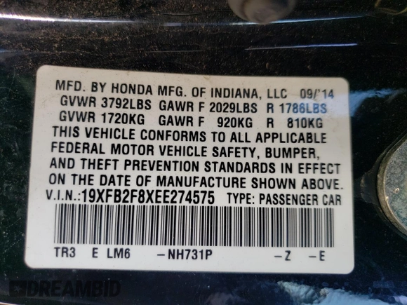 2014 Honda Civic Sedan EX with VIN 19XFB2F8XEE274575, listed as a Copart auction lot 72812584 with 151,172 mi miles and Salvage Title. Bid and sale history available at carsss.com. Image 13.