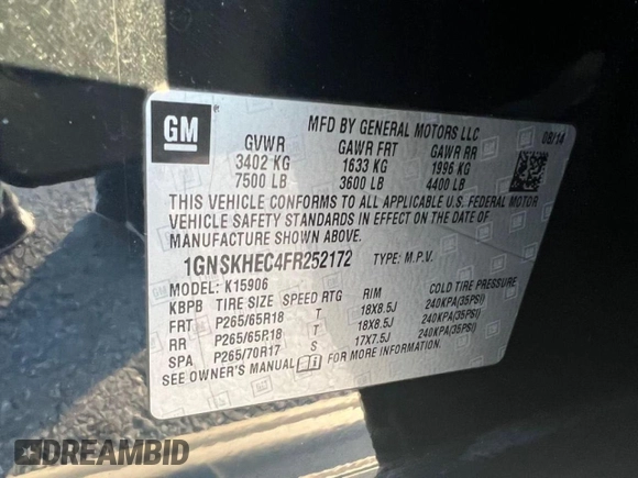 2015 Chevrolet Suburban with VIN 1GNSKHEC4FR25217, listed as a Copart auction lot 65346775 with 213,363 mi miles and Clean title. Bid and sale history available at DreamBid. Image 10.
