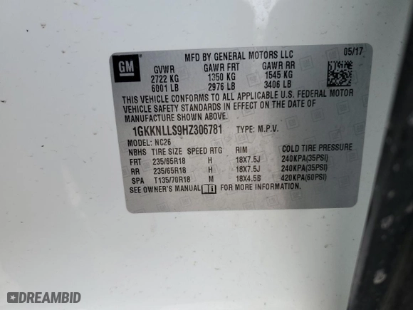 2017 GMC Acadia SLE with VIN 1GKKNLLS9HZ306781, listed as a Copart auction lot 47811995 with 65,142 mi miles and Clean Title. Bid and sale history available at carsss.com. Image 13.