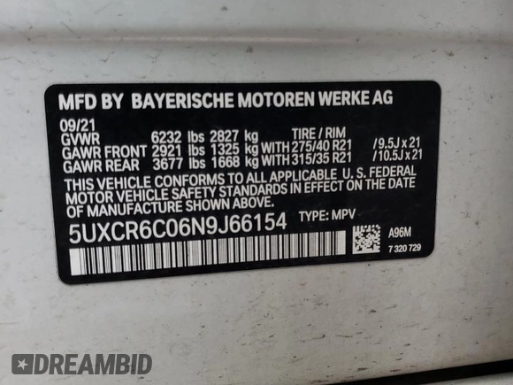 2022 BMW X5 xDrive40i with VIN 5UXCR6C06N9J66154, listed as a Copart auction lot 43100413 with 0 mi miles. Bid and sale history available at carsss.com. Image 13.