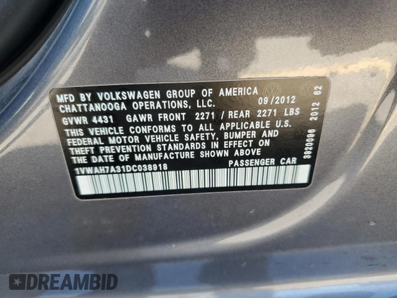 2013 Volkswagen Passat Wolfsburg Edition с VIN 1VWAH7A31DC038918, выставлен на аукционе Copart как лот 61846695 с пробегом 121 448 миль миль и Чистый • Clean title. История ставок и продаж доступна на DreamBid. Изображение 12.