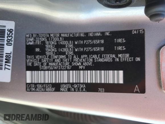 2015 Toyota Sequoia SR5 with VIN 5TDBY5G14FS122167, listed as a Copart auction lot 42831335 with 146,015 mi miles and Salvage Title. Bid and sale history available at carsss.com. Image 15.