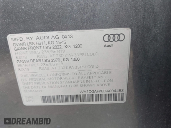 2013 Audi Q5 Premium Plus с VIN WA1DGAFP8DA094453, выставлен на аукционе IAAI как лот 42737427 с пробегом 138 769 миль миль и . История ставок и продаж доступна на DreamBid. Изображение 9.