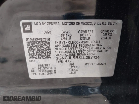 2020 Chevrolet Trax LT with VIN 3GNCJLSB8LL293414, listed as a IAAI auction lot 42714496 with 34,038 mi miles and . Bid and sale history available at DreamBid. Image 9.