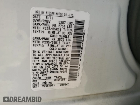 2011 Nissan Murano SV with VIN JN8AZ1MWXBW179389, listed as a Copart auction lot 70893614 with 141,937 mi miles and Salvage Title. Bid and sale history available at carsss.com. Image 13.