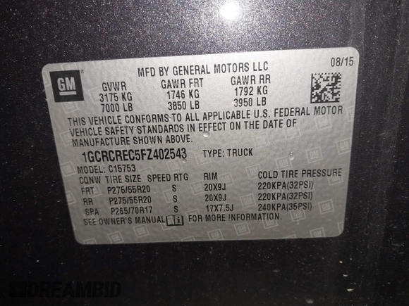 2015 Chevrolet Silverado 1500 LT with VIN 1GCRCREC5FZ402543, listed as a IAAI auction lot 41290500 with 136,079 mi miles. Bid and sale history available at carsss.com. Image 9.