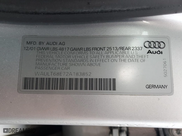2002 Audi A4 3.0L with VIN WAULT68E72A183852, listed as a Copart auction lot 86543184 with 121,507 mi miles and Salvage Title. Bid and sale history available at carsss.com. Image 13.