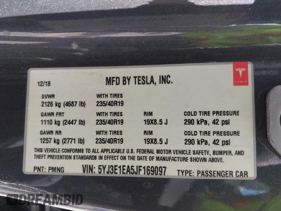2018 Tesla Model 3 Long Range Battery with VIN 5YJ3E1EA5JF169097, listed as a IAAI auction lot 41916873 with 81,919 mi miles. Bid and sale history available at carsss.com. Image 9.